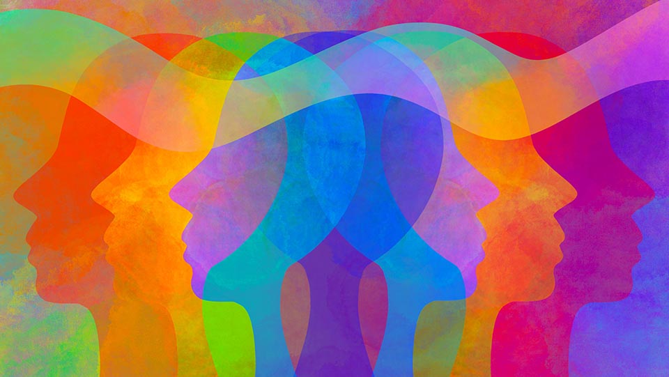 Graphic showing the outlines of heads in various bright colours